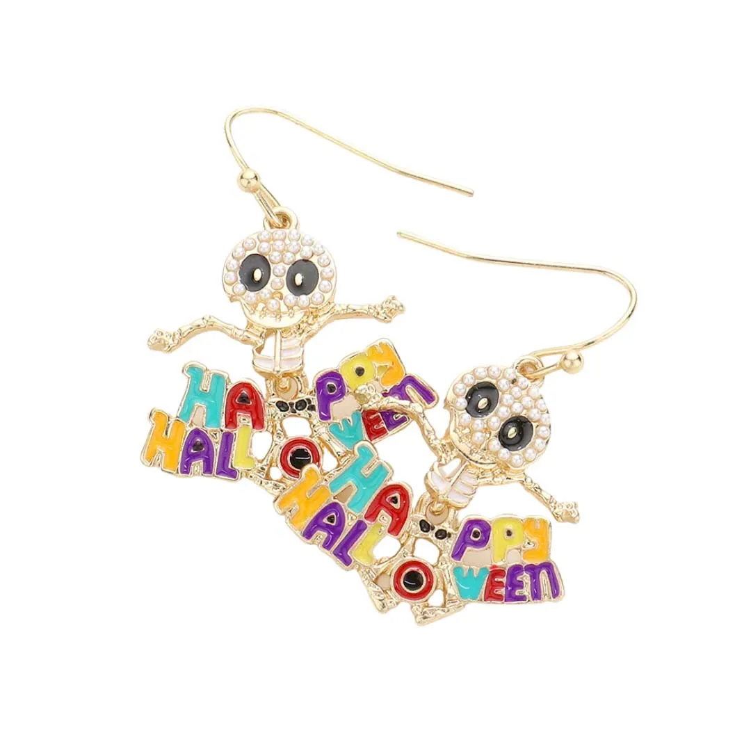 Enamel Metal Happy Halloween Message Pearl Skull Earrings