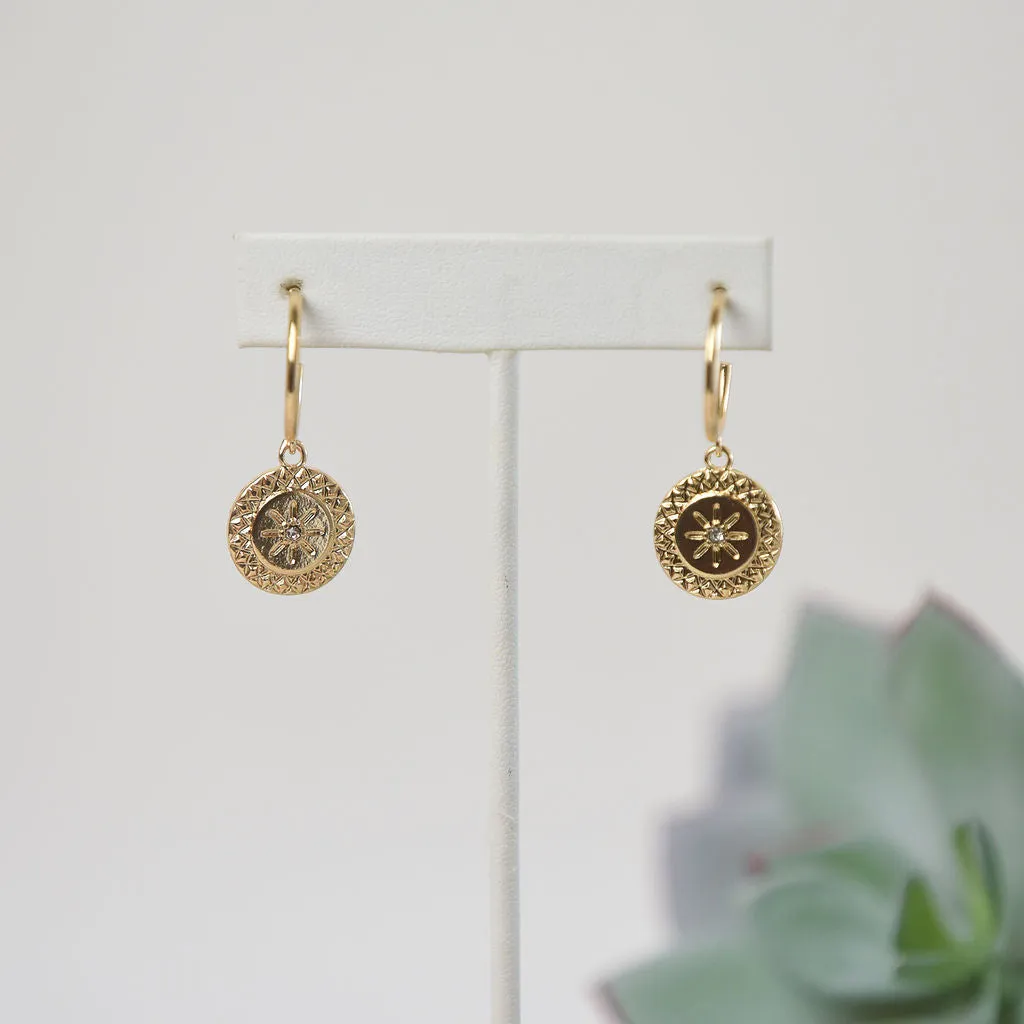 Estelle Starburst Gold Medallion Dangle Earrings