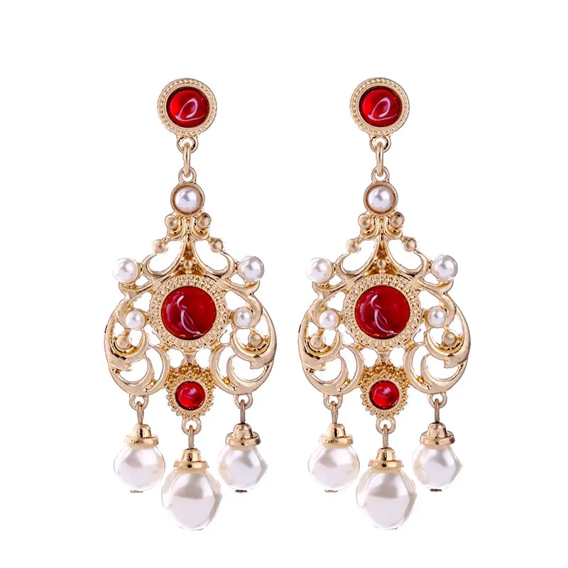 Ethnic Red Crystal & Pearl Golden Drop Earring