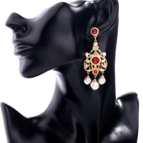 Ethnic Red Crystal & Pearl Golden Drop Earring