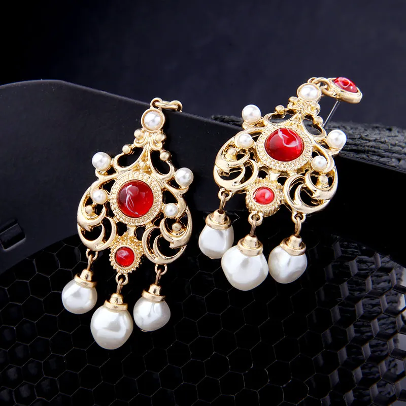 Ethnic Red Crystal & Pearl Golden Drop Earring