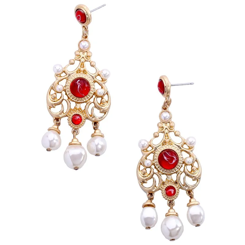 Ethnic Red Crystal & Pearl Golden Drop Earring