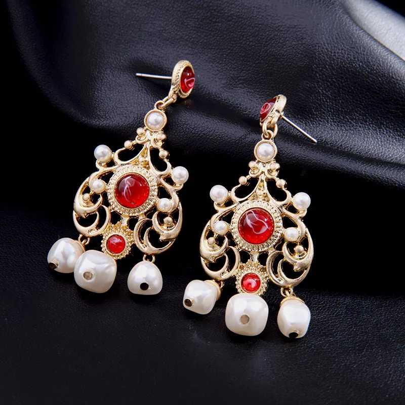 Ethnic Red Crystal & Pearl Golden Drop Earring