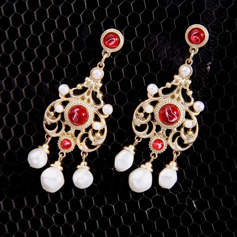 Ethnic Red Crystal & Pearl Golden Drop Earring