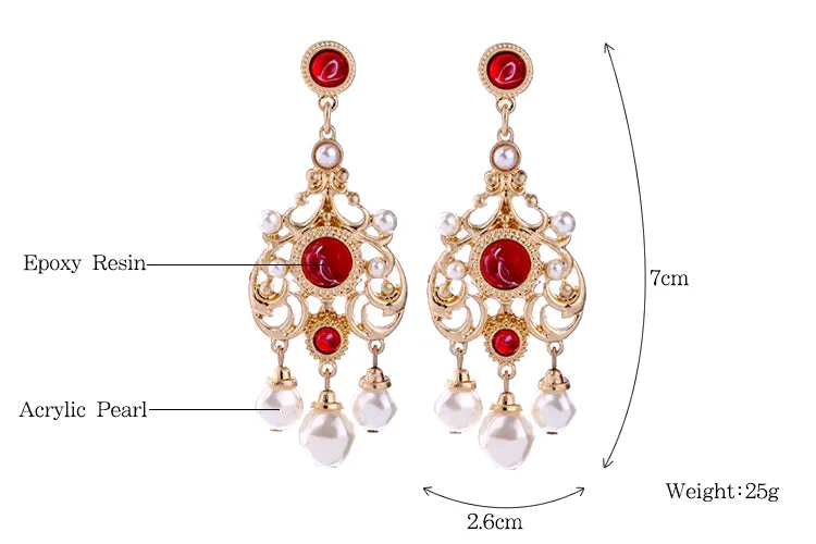 Ethnic Red Crystal & Pearl Golden Drop Earring