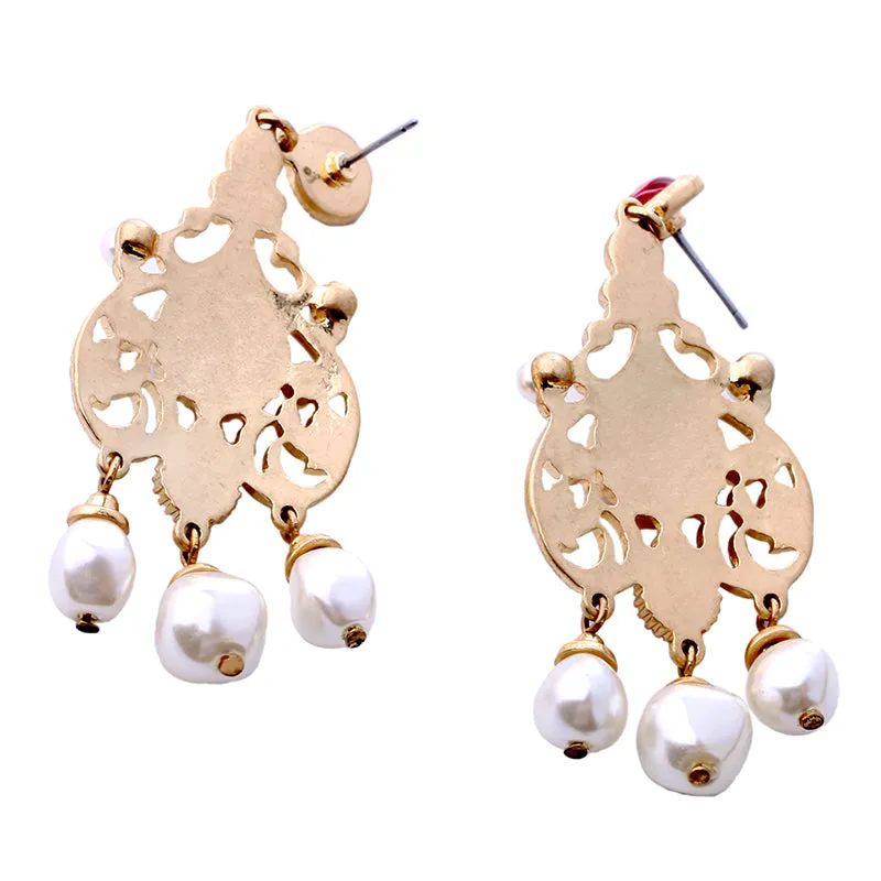 Ethnic Red Crystal & Pearl Golden Drop Earring