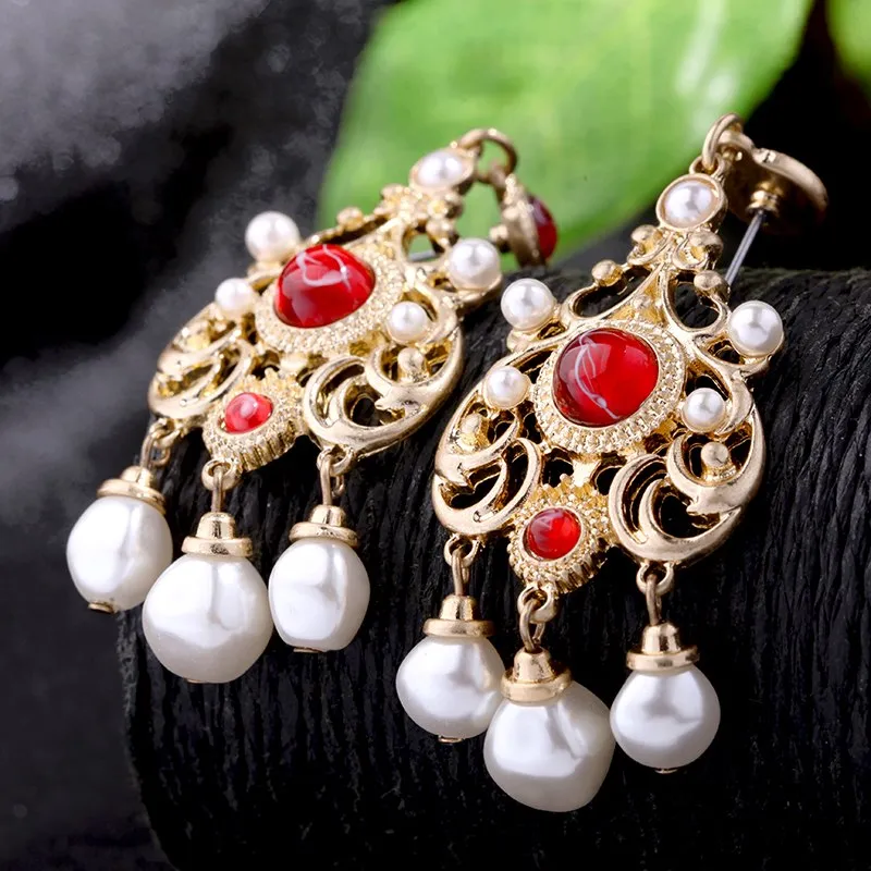 Ethnic Red Crystal & Pearl Golden Drop Earring