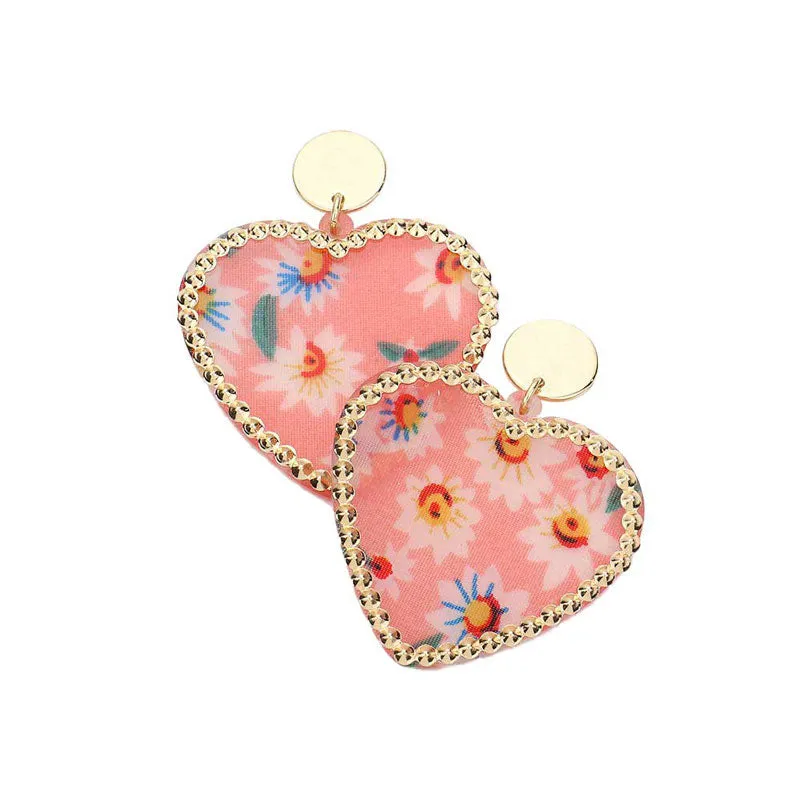 Flower Patterned Resin Heart Dangle Earrings