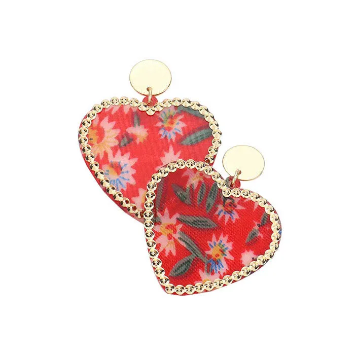 Flower Patterned Resin Heart Dangle Earrings