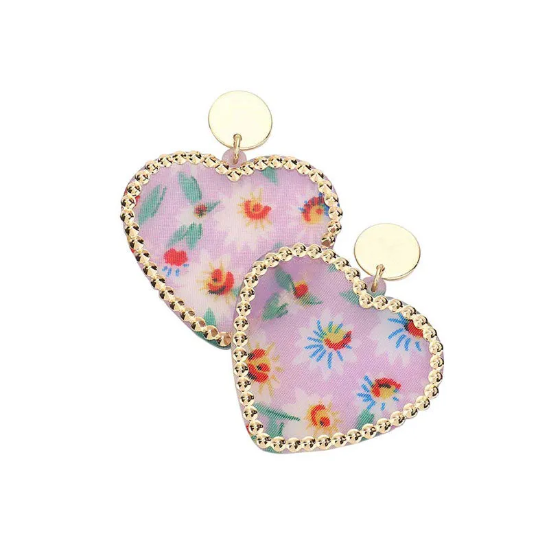 Flower Patterned Resin Heart Dangle Earrings