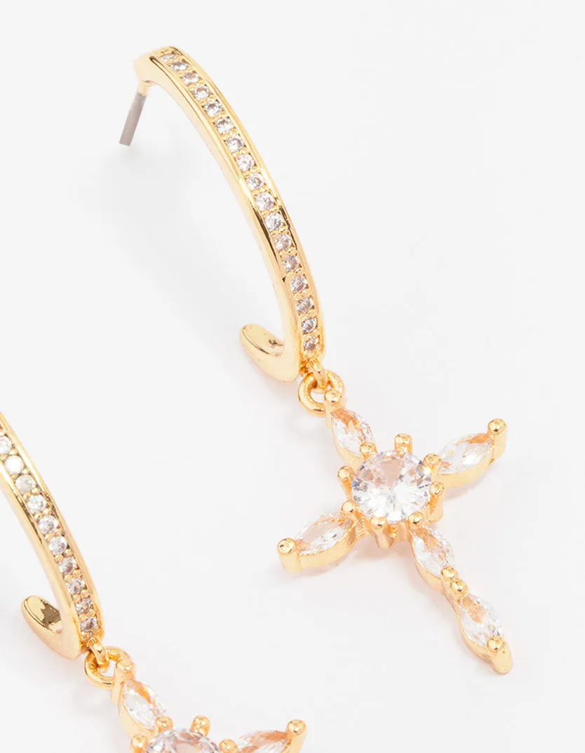 Gold Plated Cubic Zirconia Marquise Cross Drop Earrings