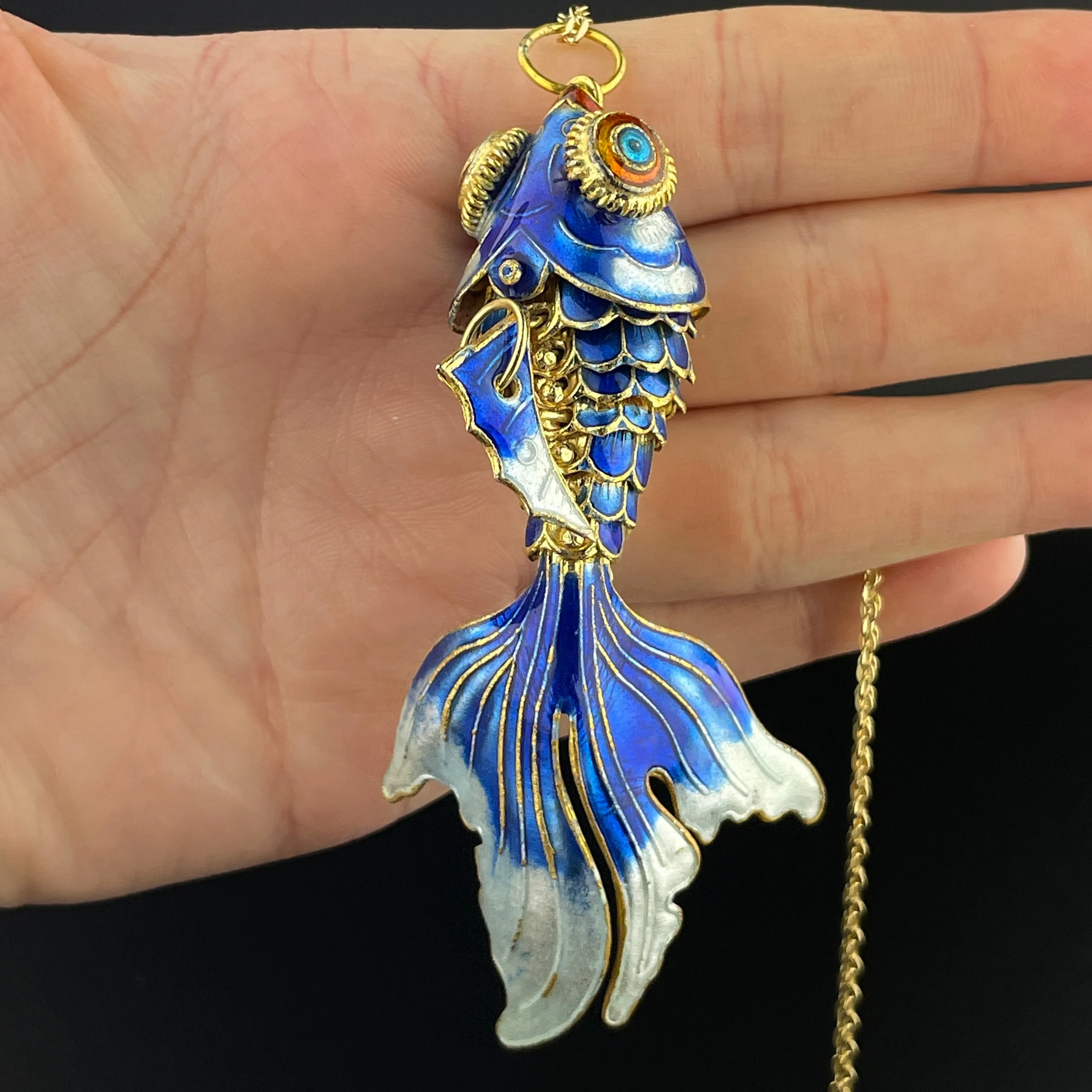 Gold Vermeil Blue Enamel Articulated Koi Fish Pendant Necklace