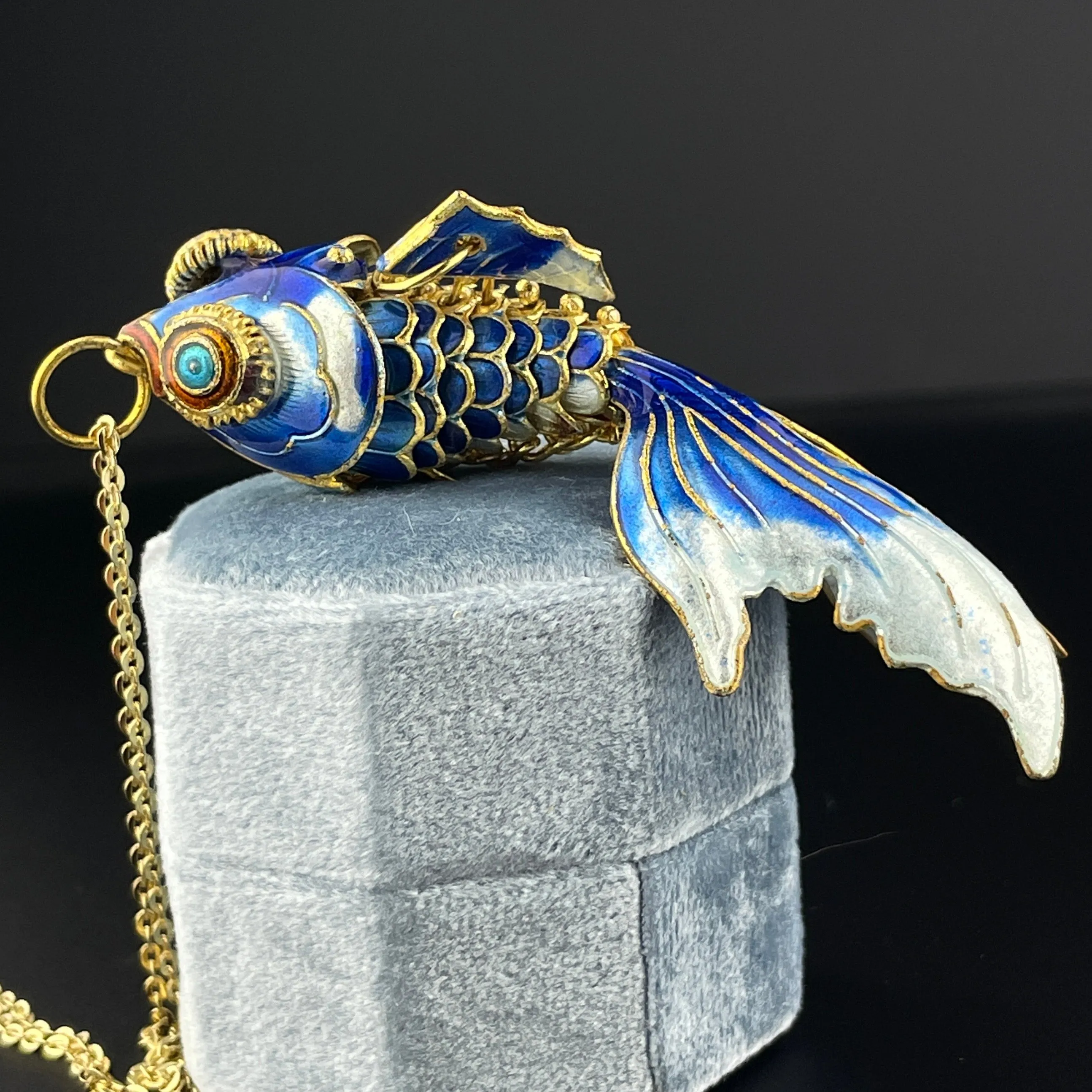 Gold Vermeil Blue Enamel Articulated Koi Fish Pendant Necklace