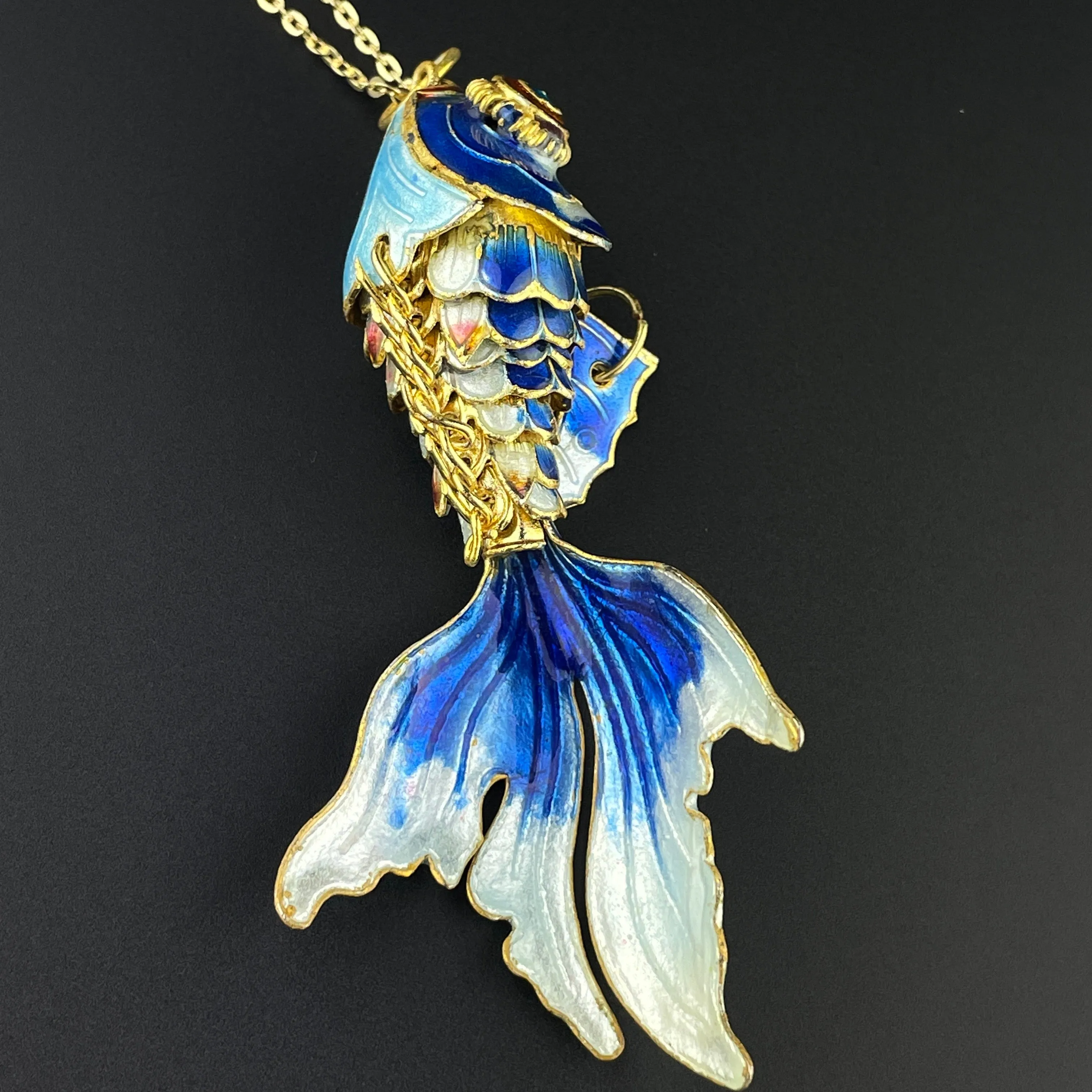 Gold Vermeil Blue Enamel Articulated Koi Fish Pendant Necklace