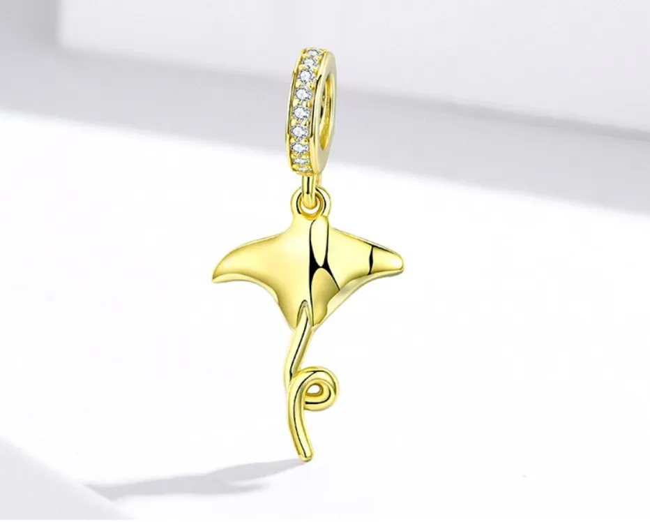 Golden Mobula Ray Fish Charm 925 Sterling Silver