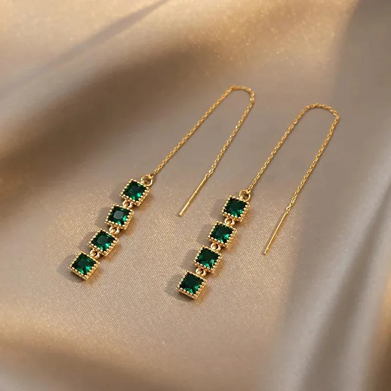 GR348 Long Drop Earrings: Geometric Square Charm Jewelry