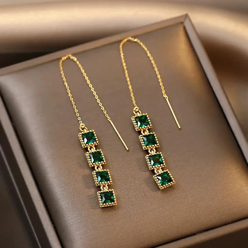 GR348 Long Drop Earrings: Geometric Square Charm Jewelry