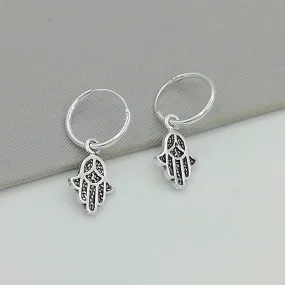 Hamsa Charm Hoops - Silver Hamsa - Wanderlust Hoops - Tiny Silver Earrings - Open Hoop Earrings - Talisman Charm - Hand Charm