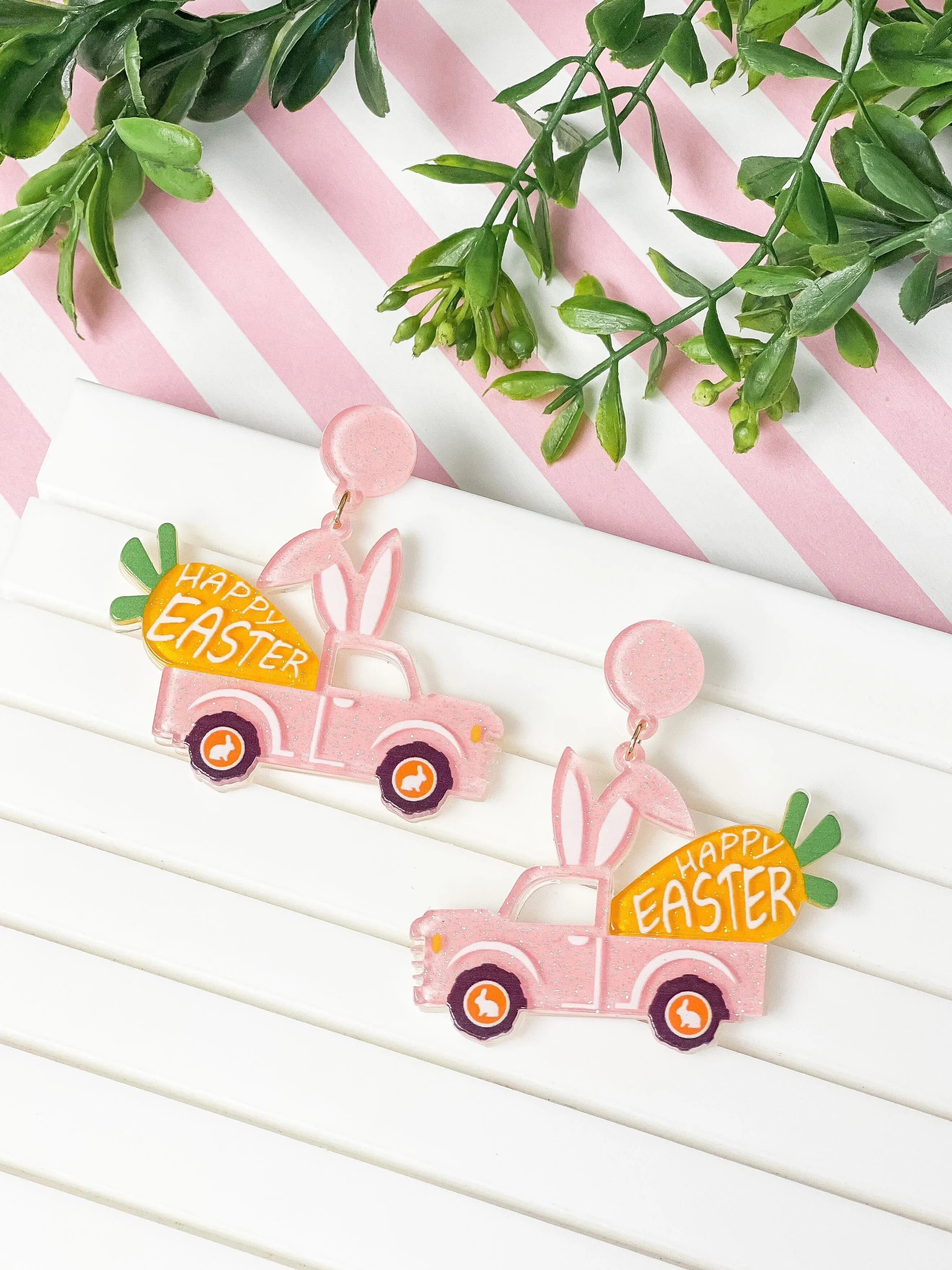 'Happy Easter' Bunny Truck Dangle Earrings