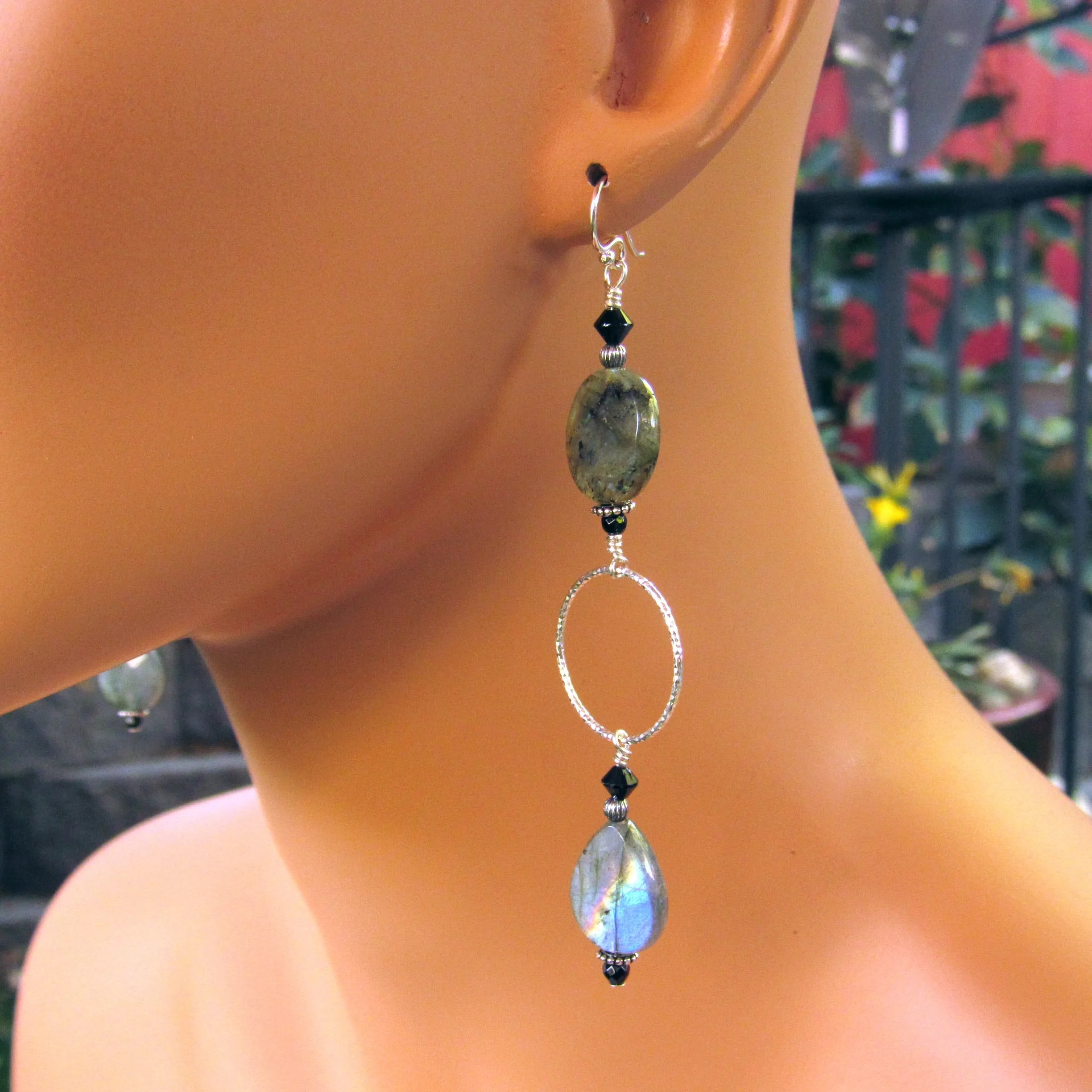 Labradorite, Onyx, Black Spinel, and Sterling Silver Drop Earrings