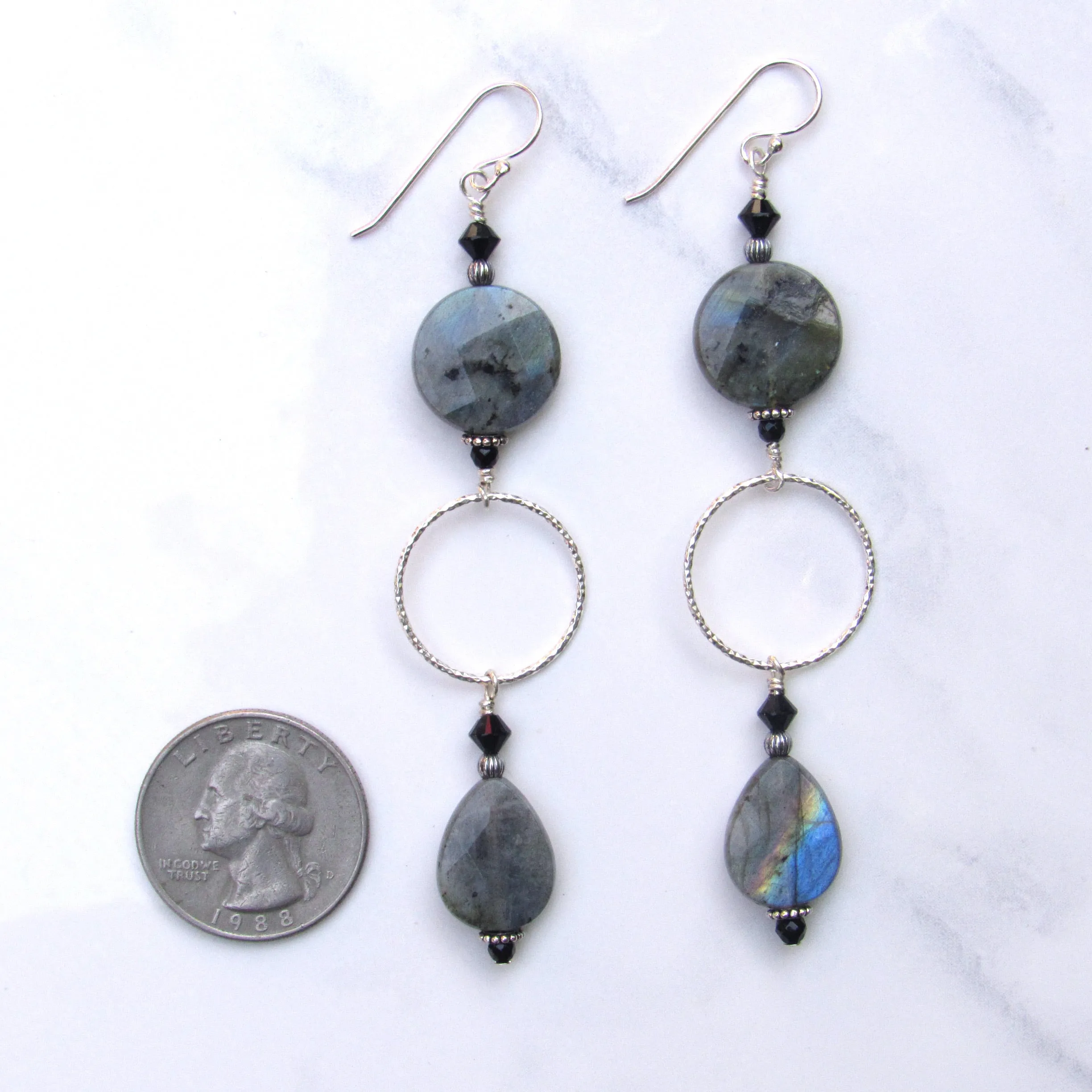 Labradorite, Onyx, Black Spinel, and Sterling Silver Drop Earrings