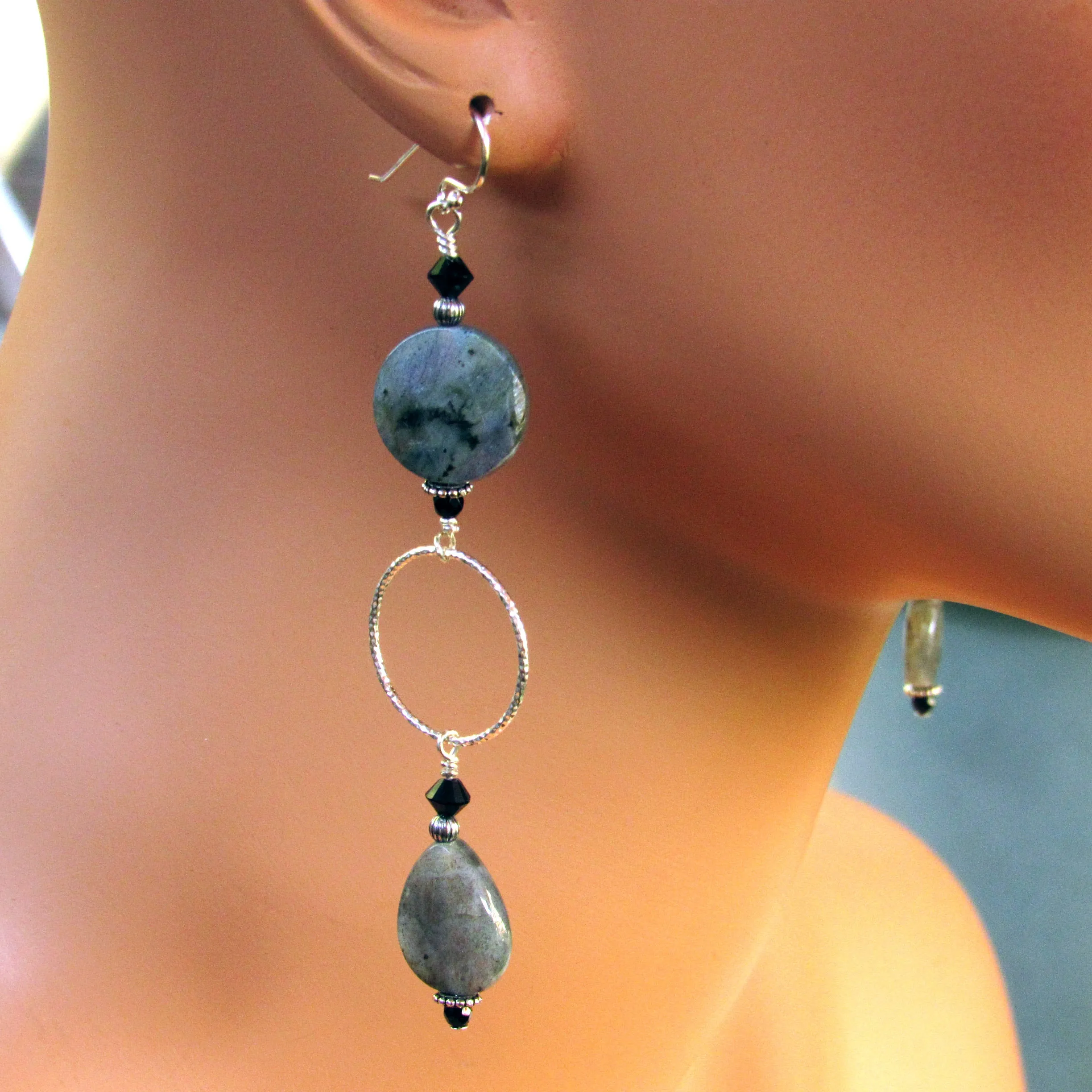 Labradorite, Onyx, Black Spinel, and Sterling Silver Drop Earrings