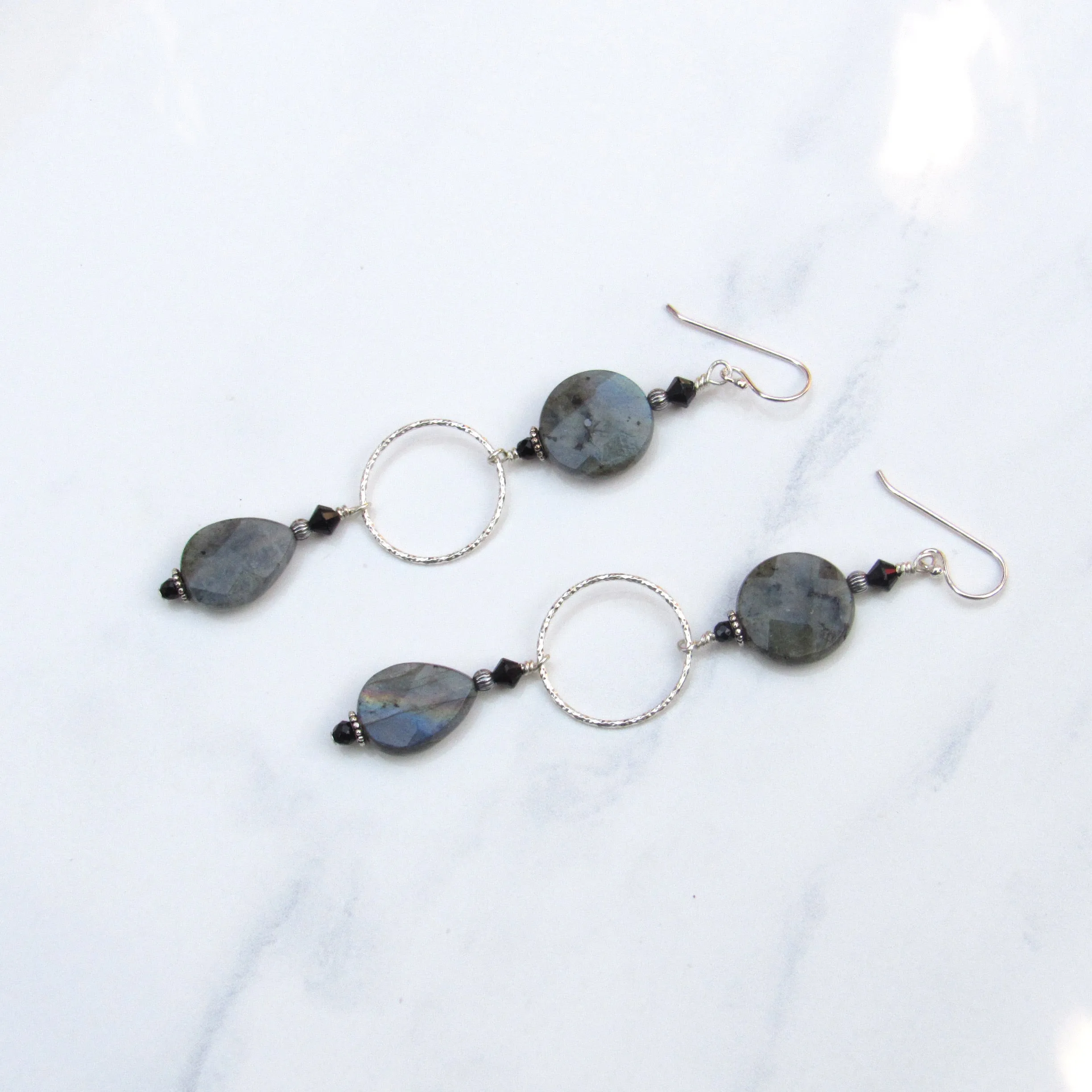 Labradorite, Onyx, Black Spinel, and Sterling Silver Drop Earrings