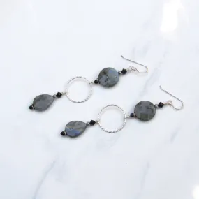 Labradorite, Onyx, Black Spinel, and Sterling Silver Drop Earrings