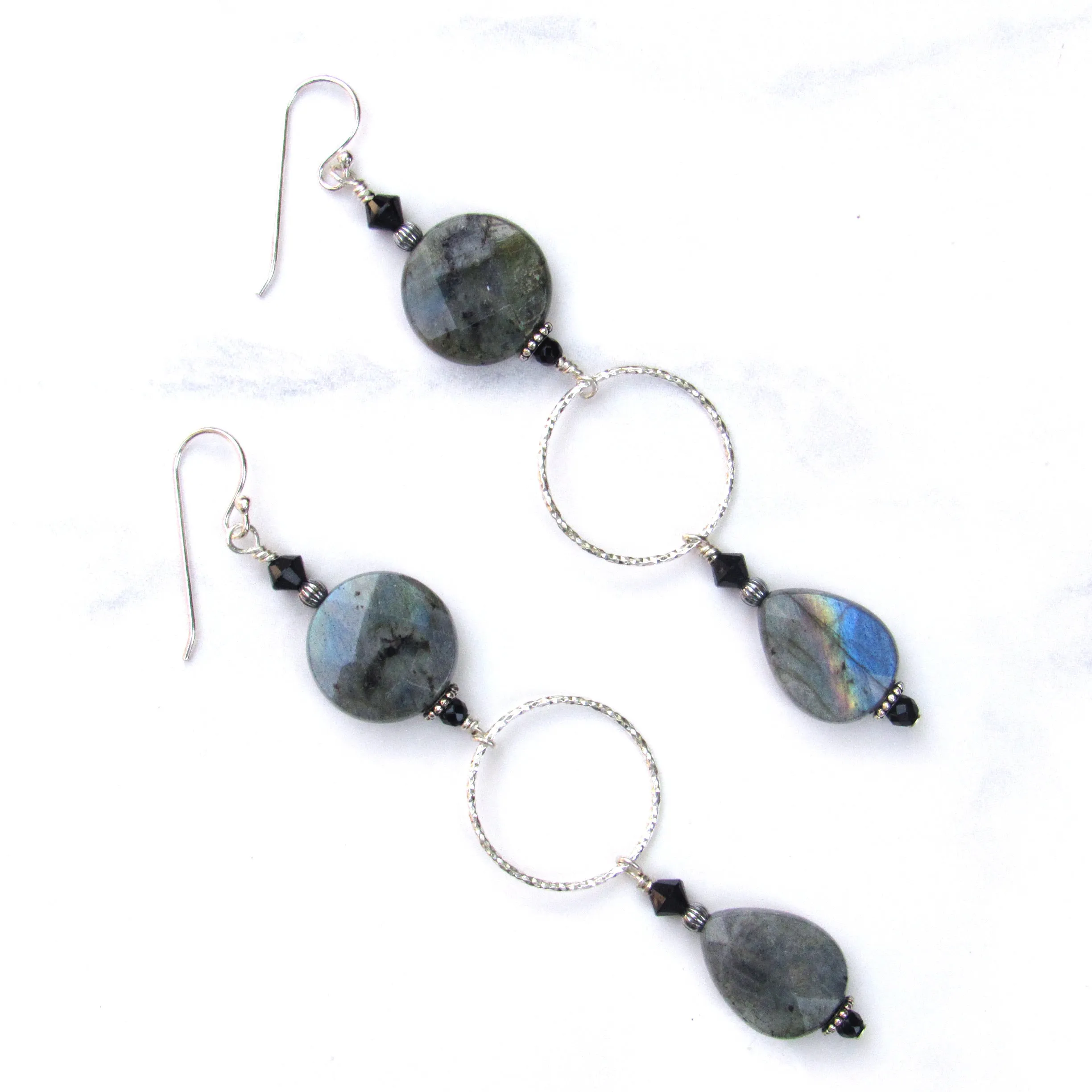 Labradorite, Onyx, Black Spinel, and Sterling Silver Drop Earrings