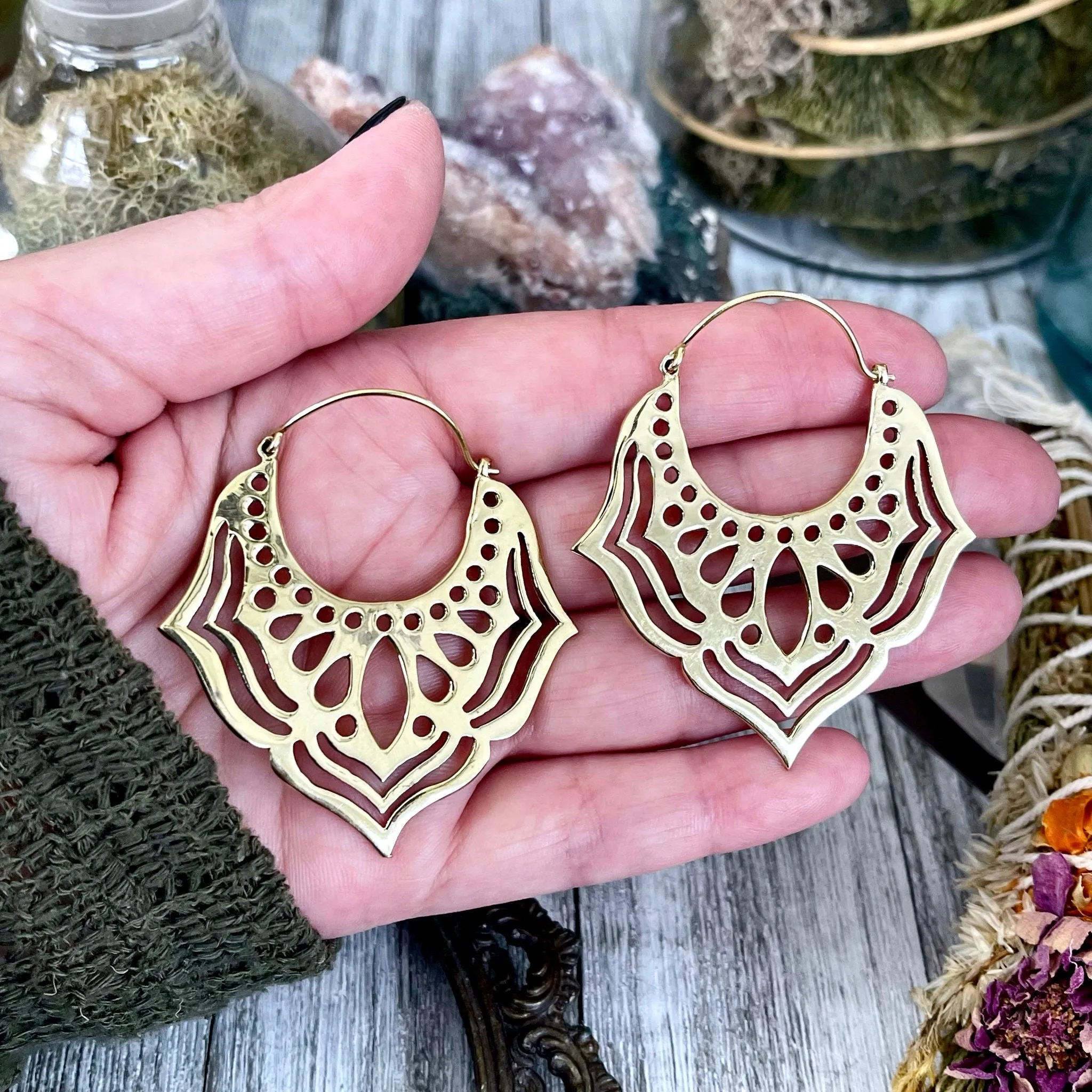 Large Brass Decorated Hoop Earrings