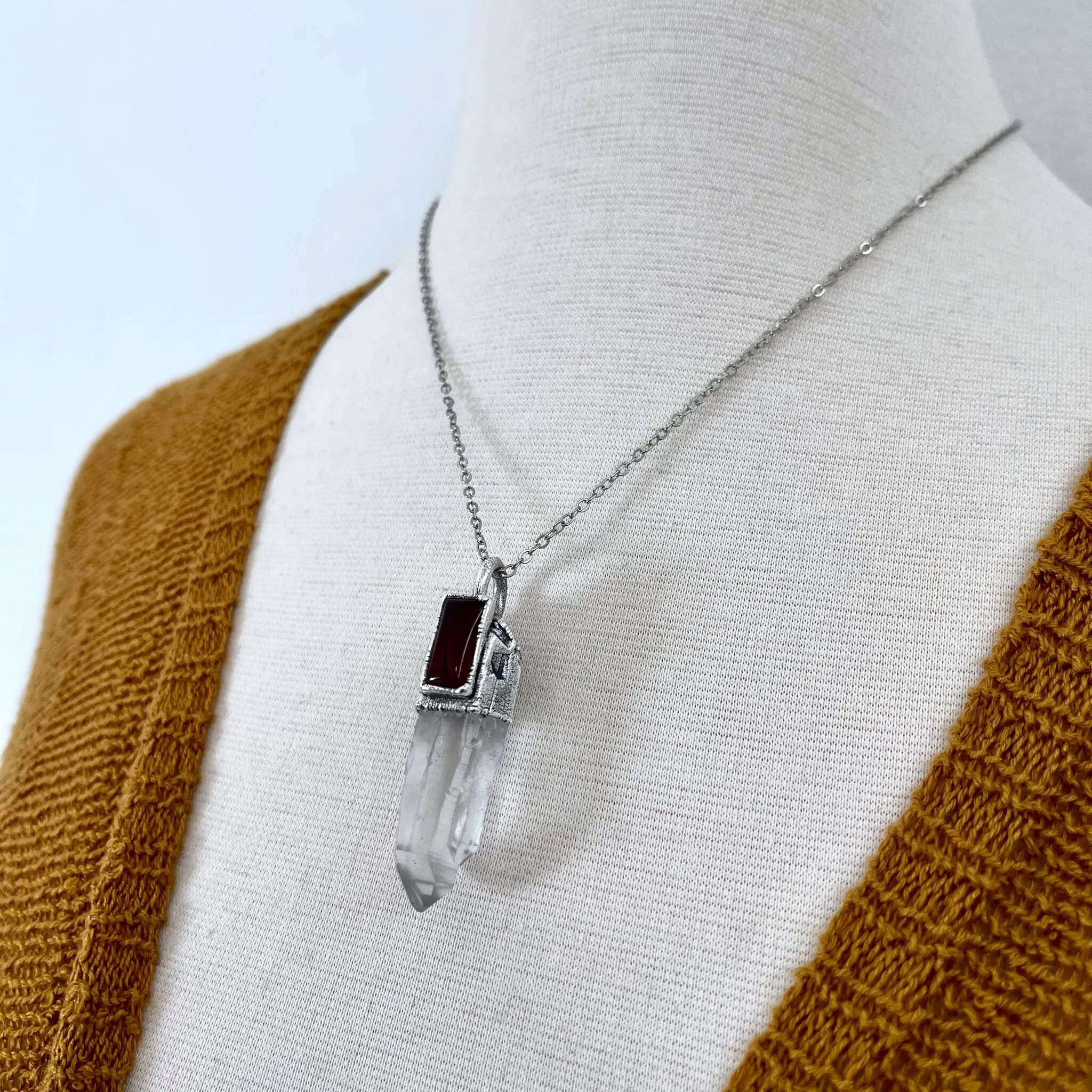 Large Raw Clear Quartz & Carnelian Crystal Statement Necklace in Fine Silver / Foxlark Collection - One of a Kind