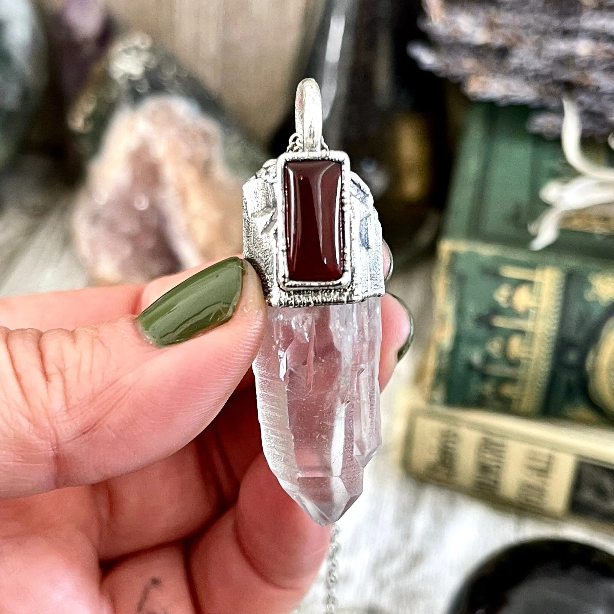 Large Raw Clear Quartz & Carnelian Crystal Statement Necklace in Fine Silver / Foxlark Collection - One of a Kind