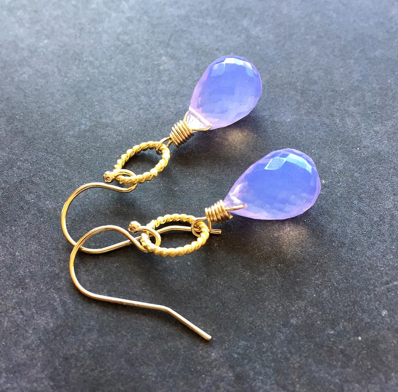 Lavender Scorolite Teardrop Gold Hoop Earring