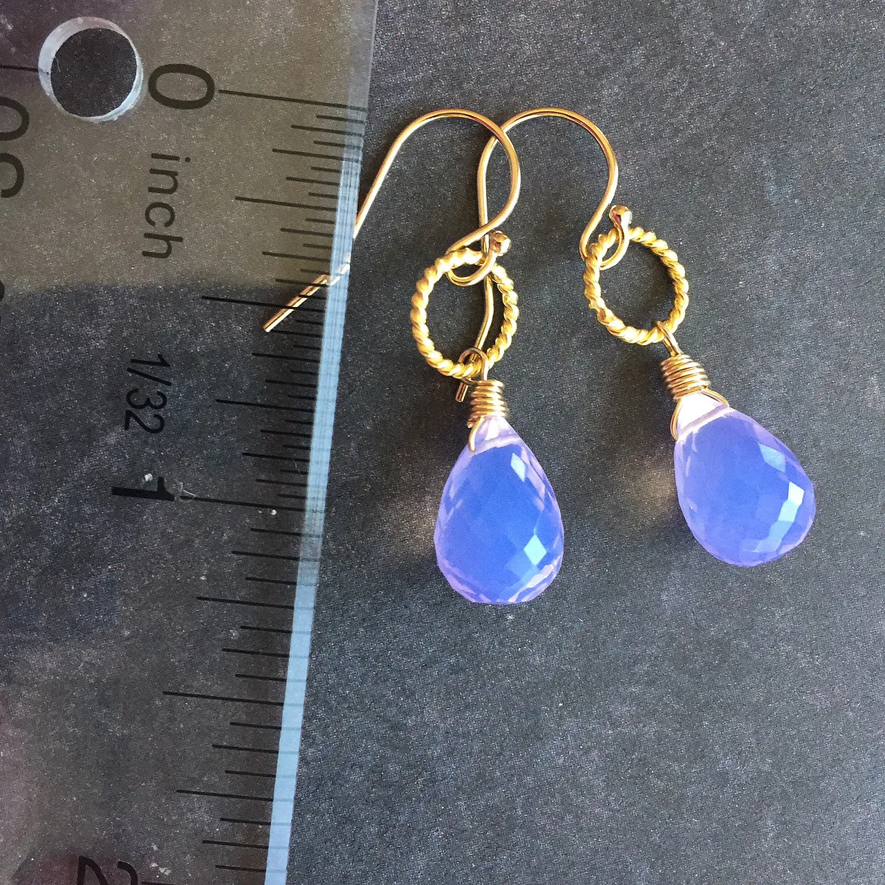 Lavender Scorolite Teardrop Gold Hoop Earring