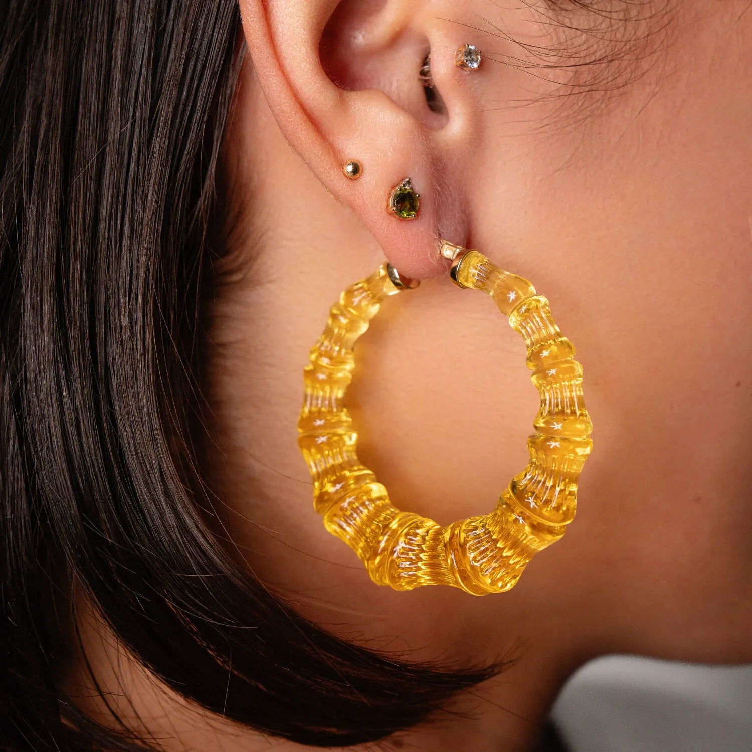 Lemon Yellow Lucite Bamboo Hoop Earrings