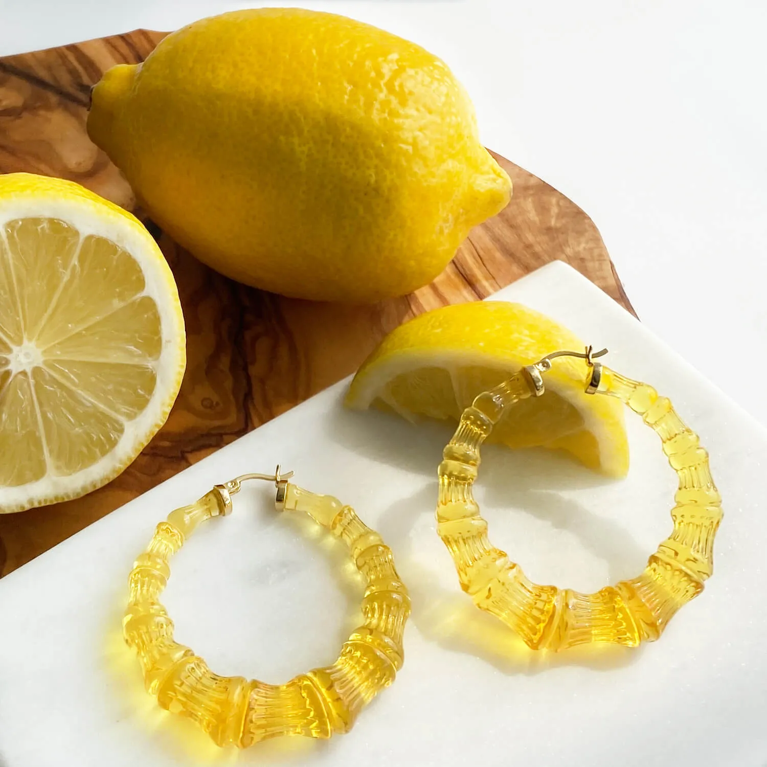 Lemon Yellow Lucite Bamboo Hoop Earrings