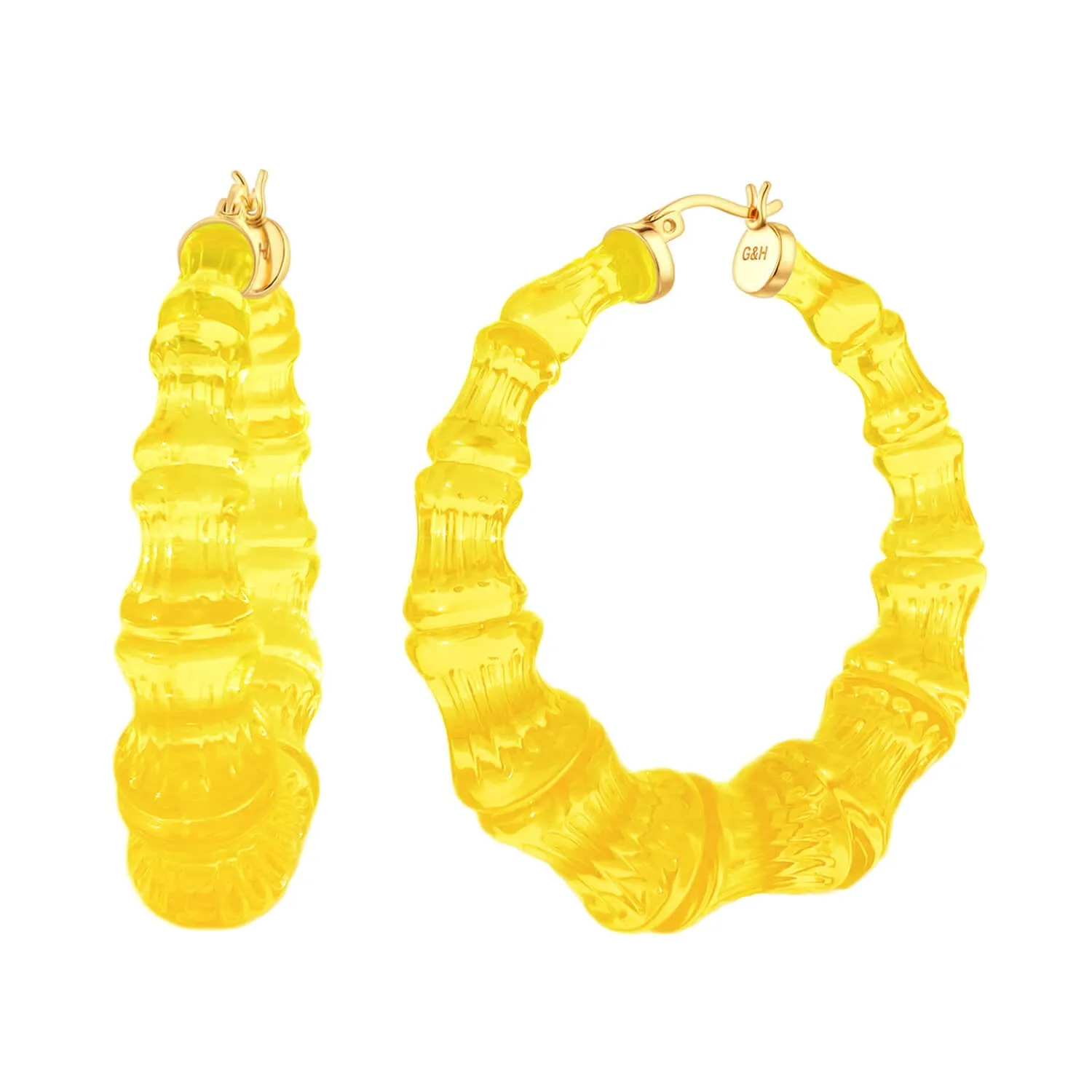 Lemon Yellow Lucite Bamboo Hoop Earrings