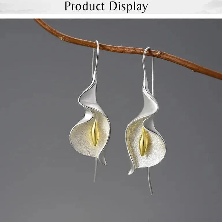 Long Hanging Calla Lily Flower Dangle Earrings: 925 Sterling Silver Charm Jewelry (LFJB0287)