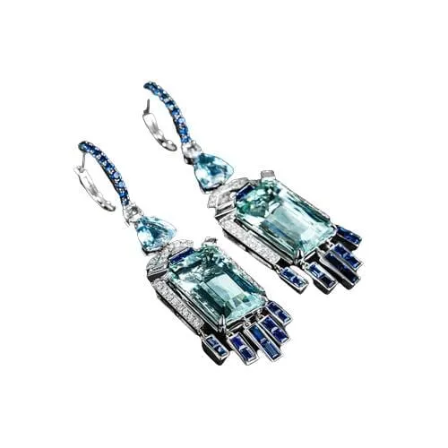 Long Style Design Silver Color Simulation Aquamarine Gemstone Earrings