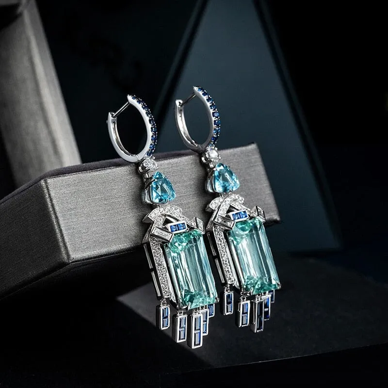 Long Style Design Silver Color Simulation Aquamarine Gemstone Earrings