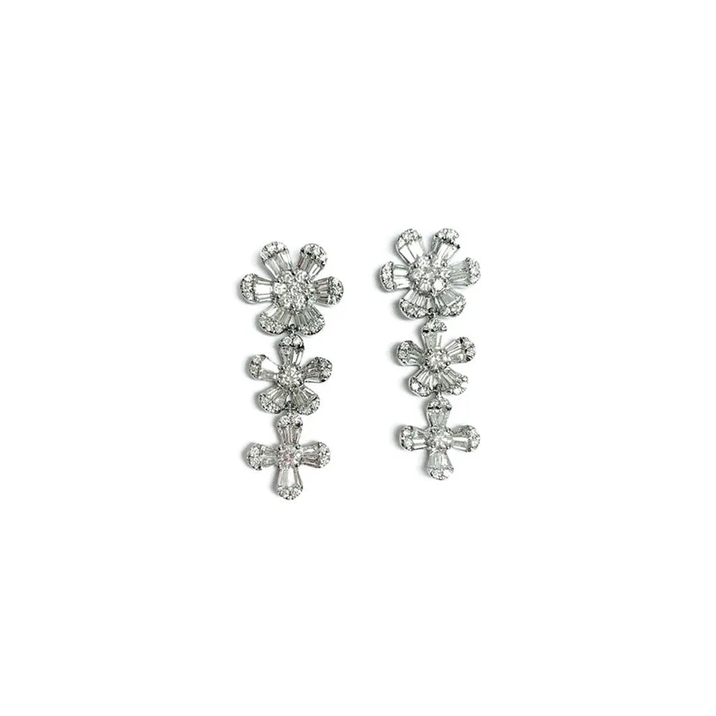 Long Triple Diamond Flower Drop Earring