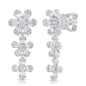 Long Triple Diamond Flower Drop Earring