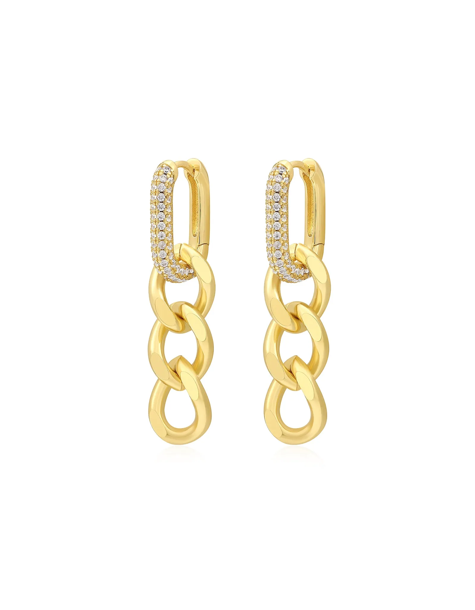 Luv Aj Hanging Pave Chain Link Huggie Hoop Earrings in CZ and Polished Gold