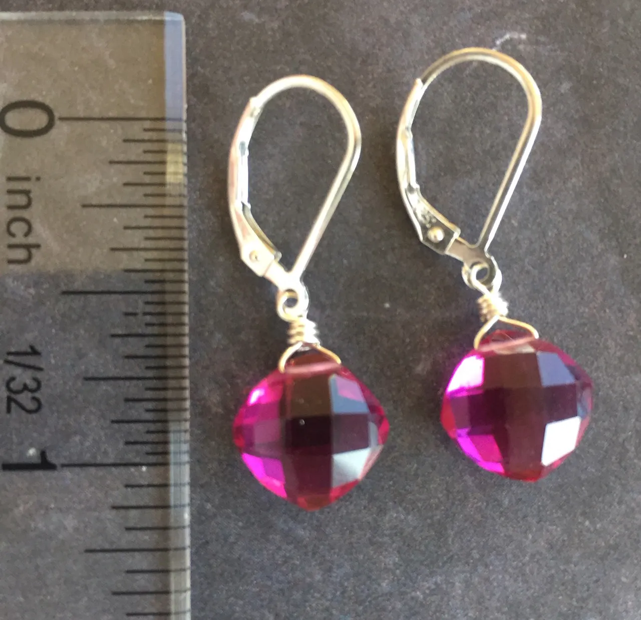 Magenta Cushion Cut Quartz Earrings, Metal choices