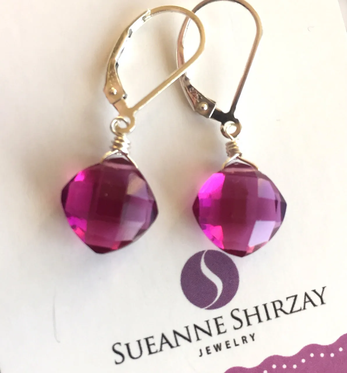 Magenta Cushion Cut Quartz Earrings, Metal choices