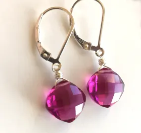 Magenta Cushion Cut Quartz Earrings, Metal choices