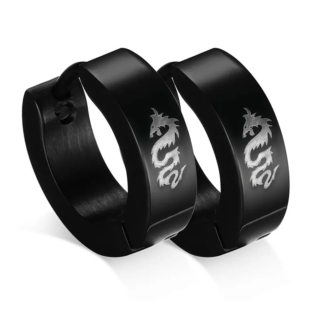 Men Unique Stainless Steel Dragon Huggie Hinged Hoop Earrings Set, 2pcs, Color Black