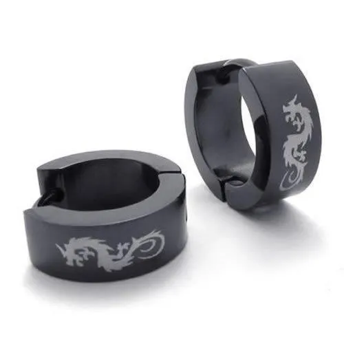 Men Unique Stainless Steel Dragon Huggie Hinged Hoop Earrings Set, 2pcs, Color Black