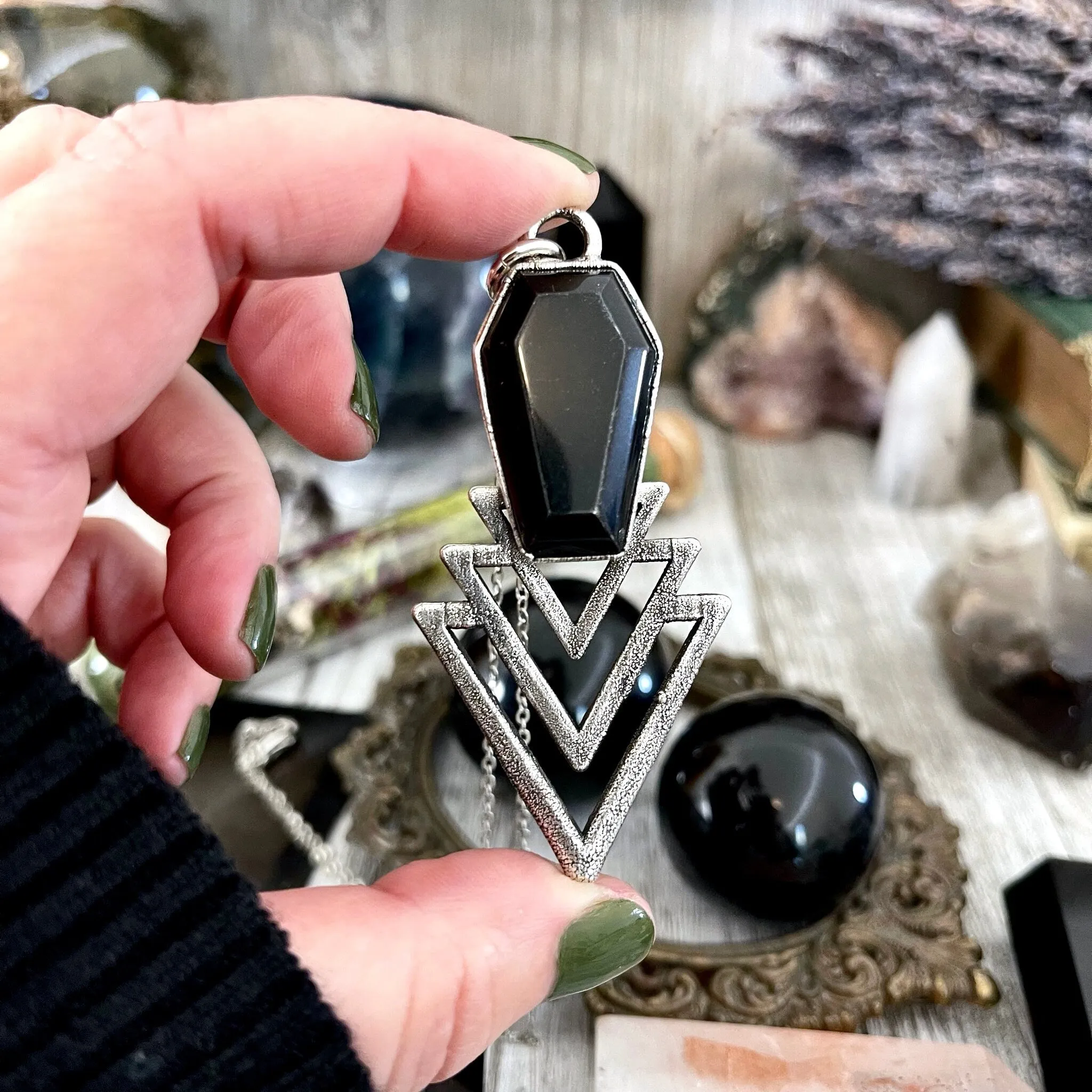 Moss & Moon Collection - Black Onyx Coffin Necklace in Fine Silver /