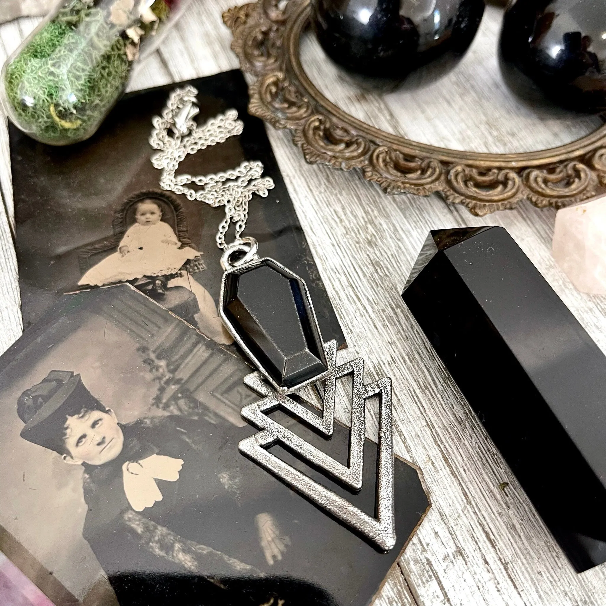 Moss & Moon Collection - Black Onyx Coffin Necklace in Fine Silver /